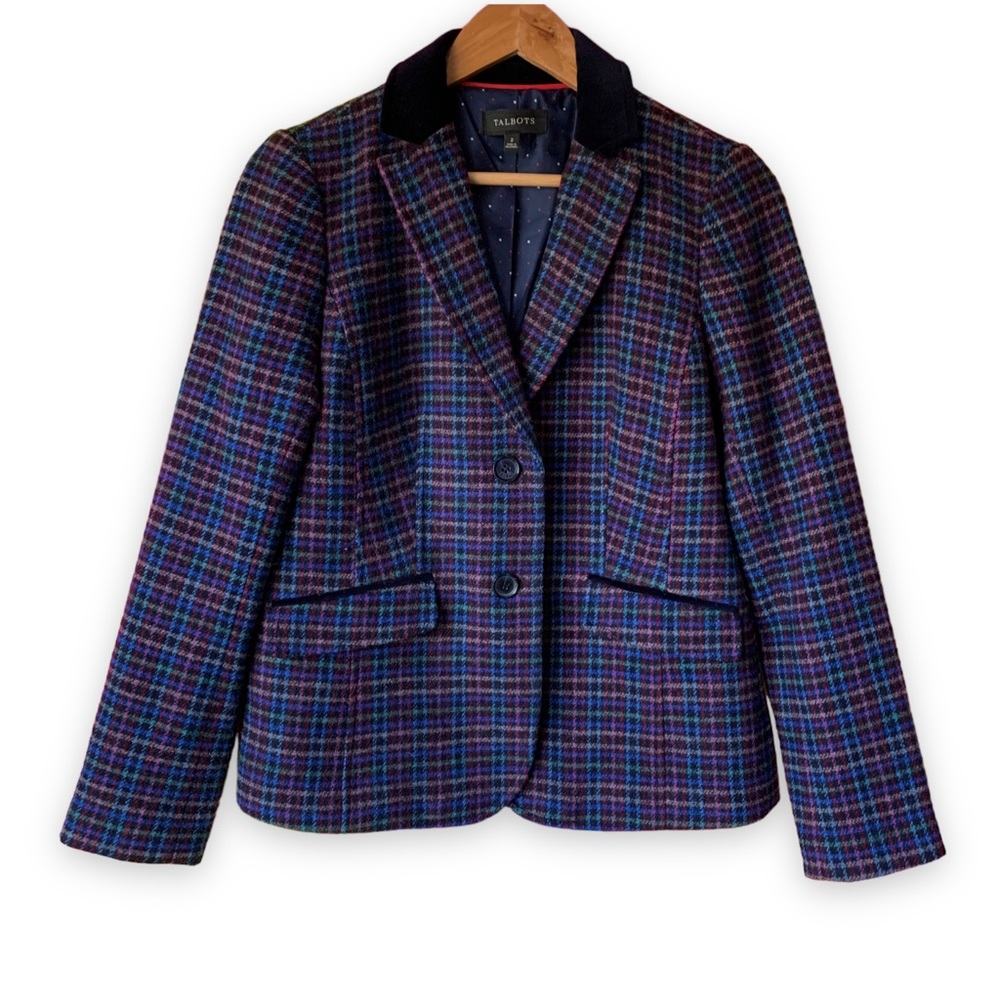 Talbots Blue Multicolor Plaid Shetland Wool Blend Velour Collar Lined Blazer 2